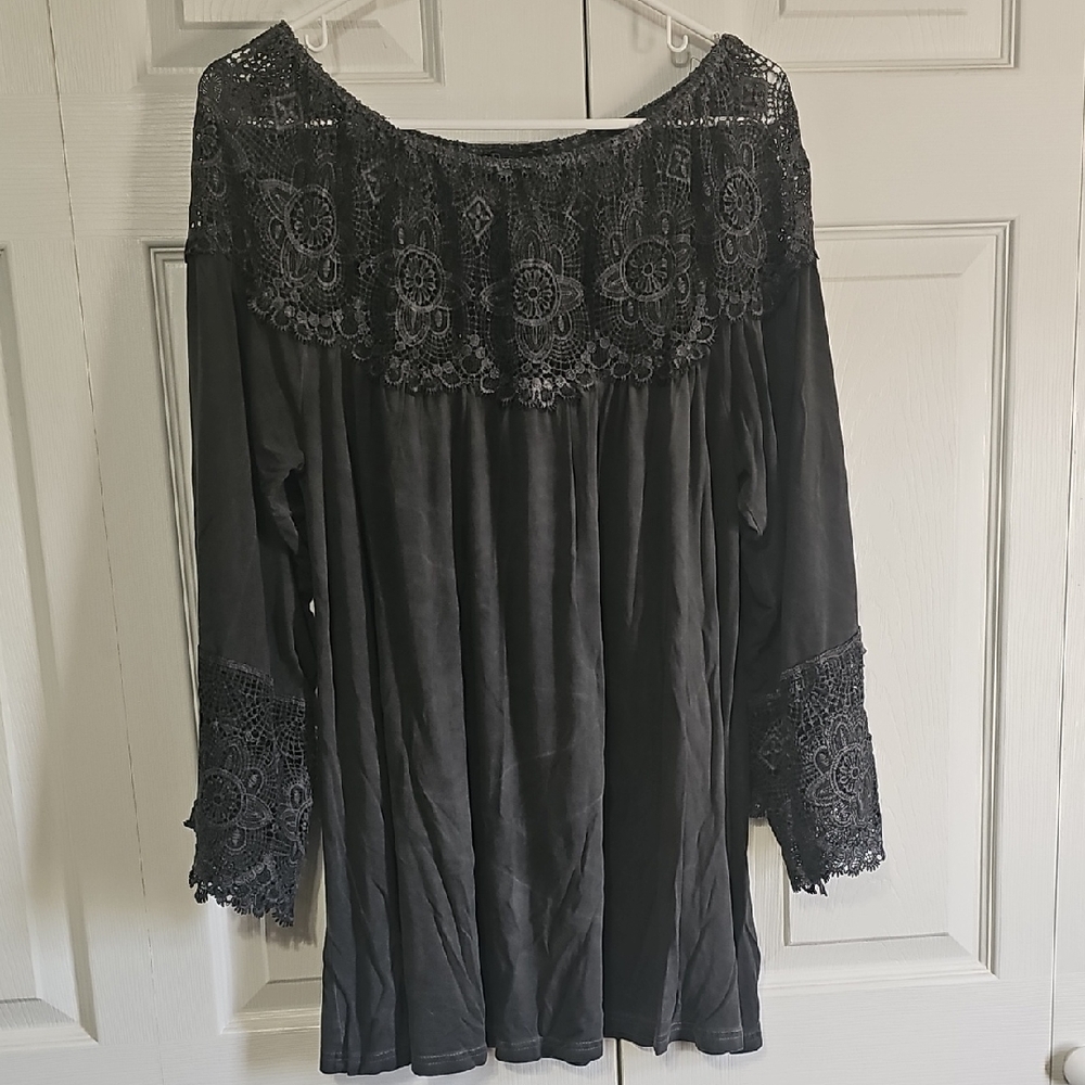 POL Dark Grey Crochet Lace Yoke Top